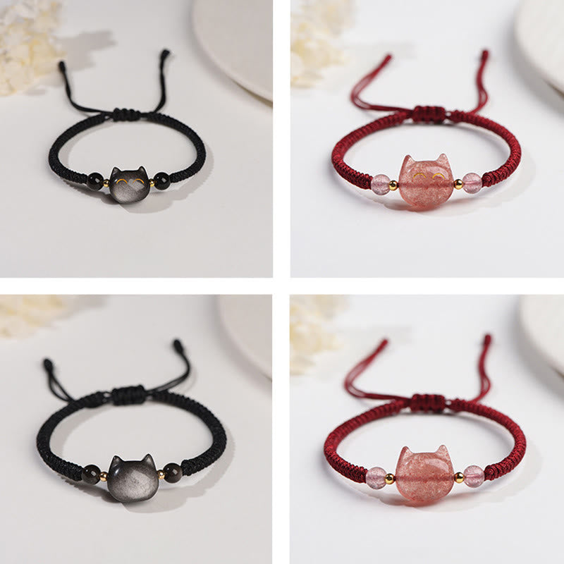 Handmade Natural Silver Sheen Obsidian Strawberry Quartz Cute Cat Protection Braided Bracelet
