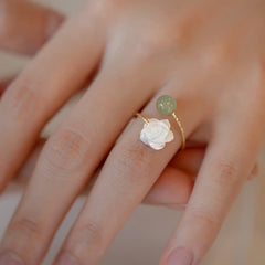 14K Gold Plated Tridacna Stone Rose Flower Jade Bead Blessing Ring