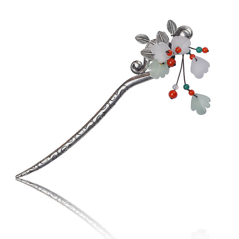 Red Agate & Jade Flower Hair Pin with Calming Tassel for Feng Shui, Women's Traditional Hair Accessories