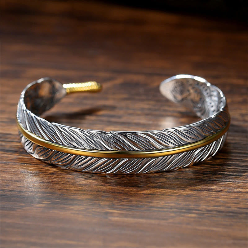 Feather Pattern Carved Luck Wealth Cuff Bracelet Bangle
