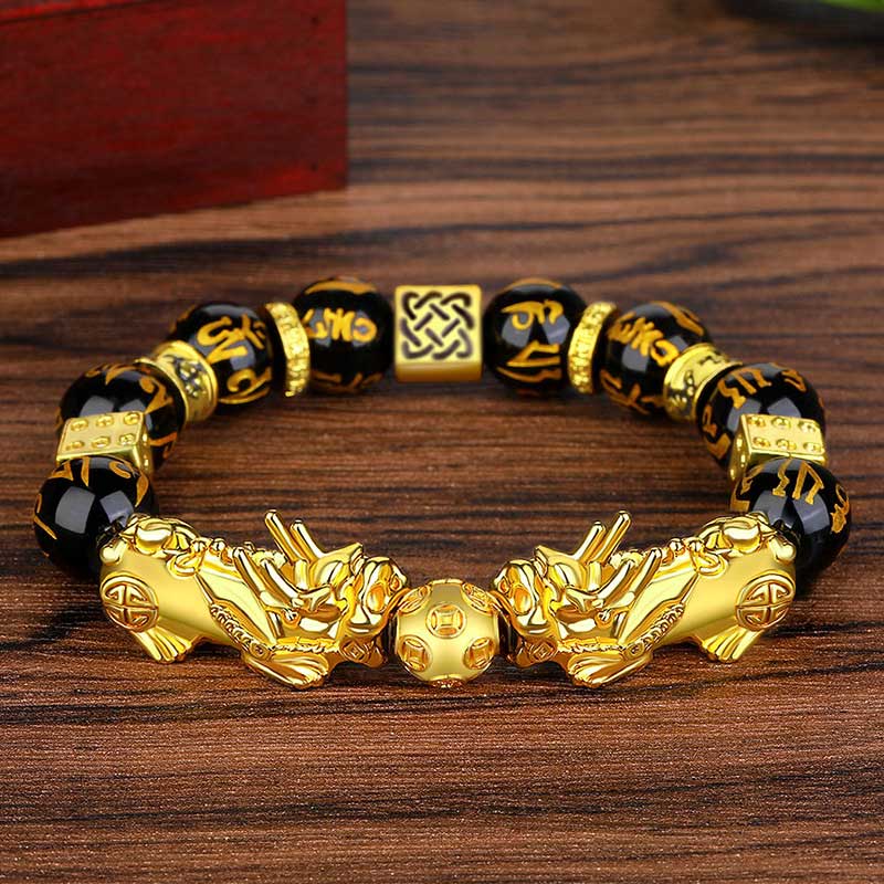 FengShui Double PiXiu Obsidian Om Mani Padme Hum Wealth Bracelet