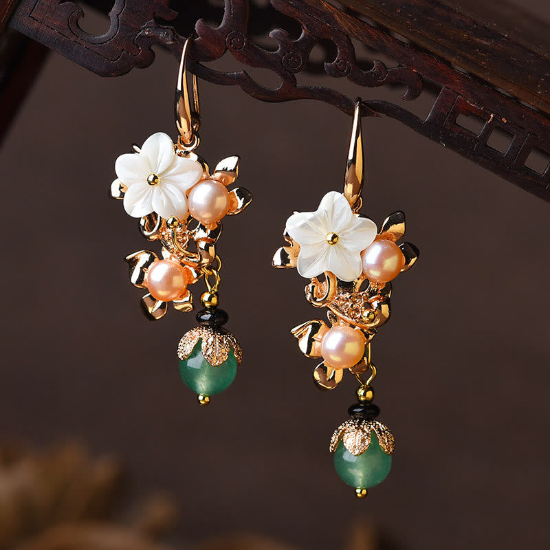14K Gold Plated Tridacna Stone Flower Pearl Green Aventurine Bead Drop Earrings