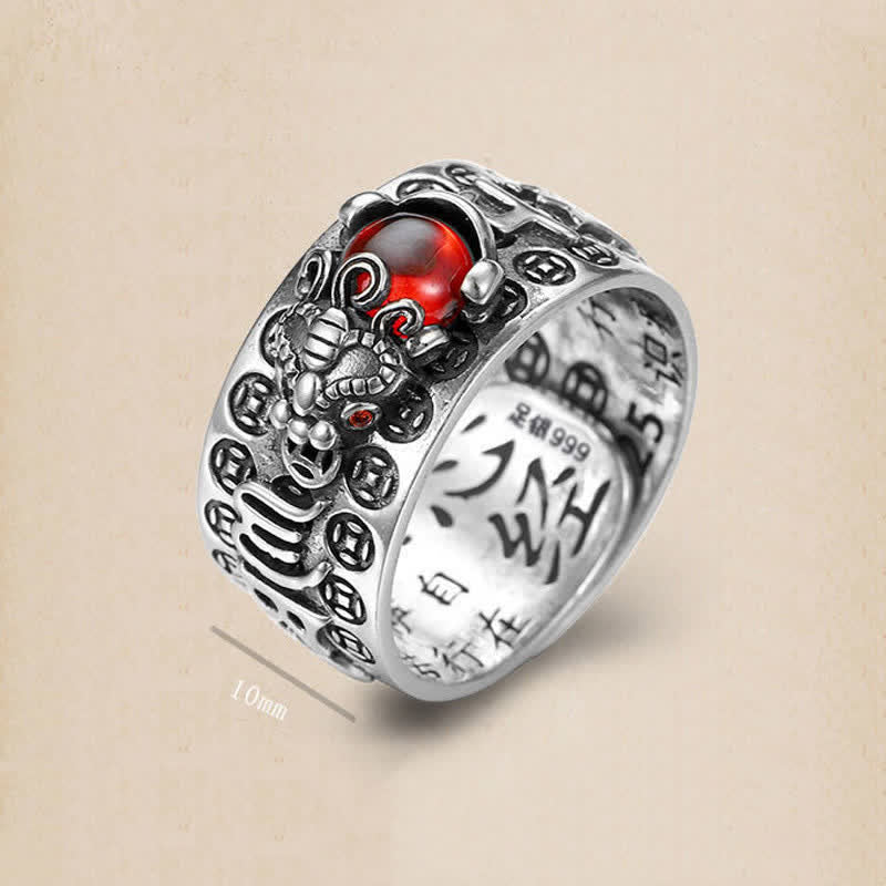 FengShui PiXiu Red Garnet Heart Sutra Wealth Ring