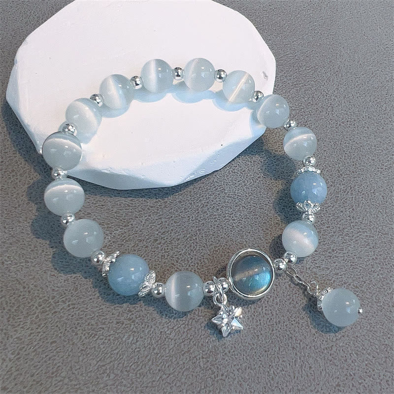 Adjustable sliver beads & Cat Eye Stone Heart Charm Bracelet