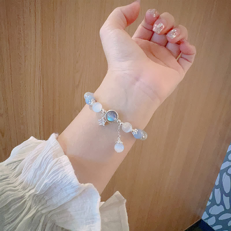 Cat's Eye Moonstone Silver-Plated star Charm Adjustable Bangle Bracelet