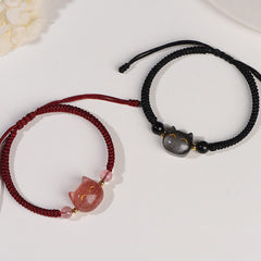 Handmade Natural Silver Sheen Obsidian Strawberry Quartz Cute Cat Protection Braided Bracelet
