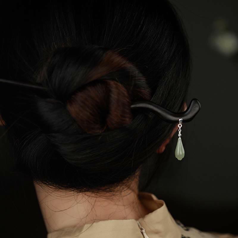 925 Sterling Silver Natural Hetian Jade & Ebony Wood Hairpin – Traditional Luck Charm for Stylish Hair Accessory