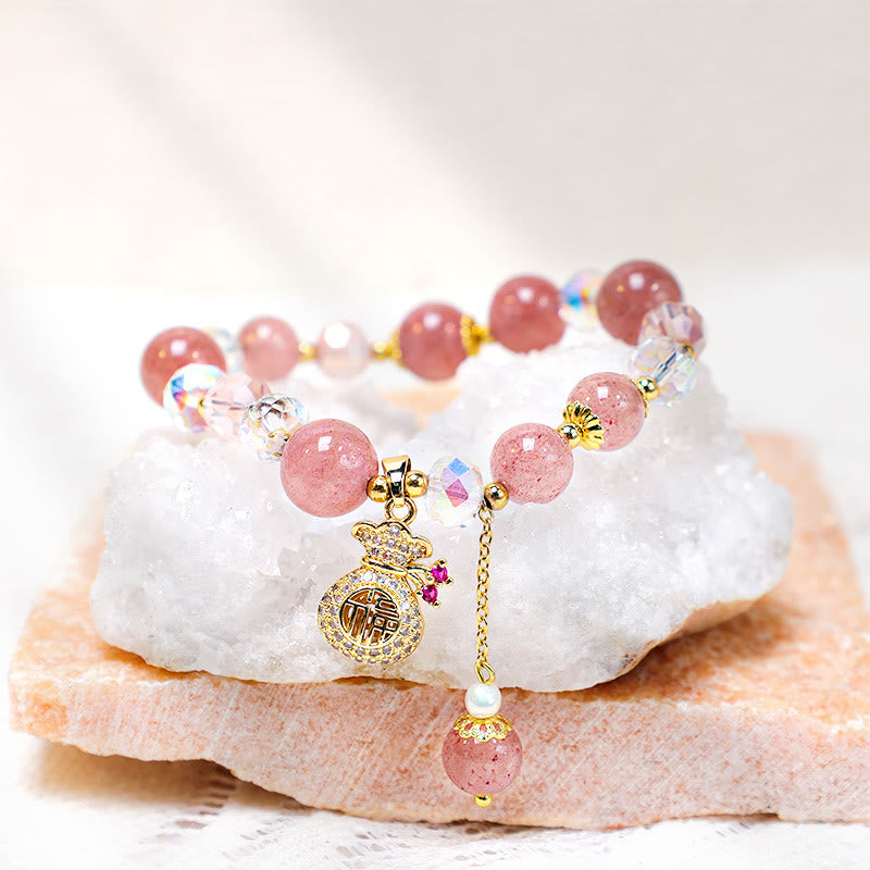 Natural Strawberry Quartz Crystal Money Bag Charm Positive Bracelet