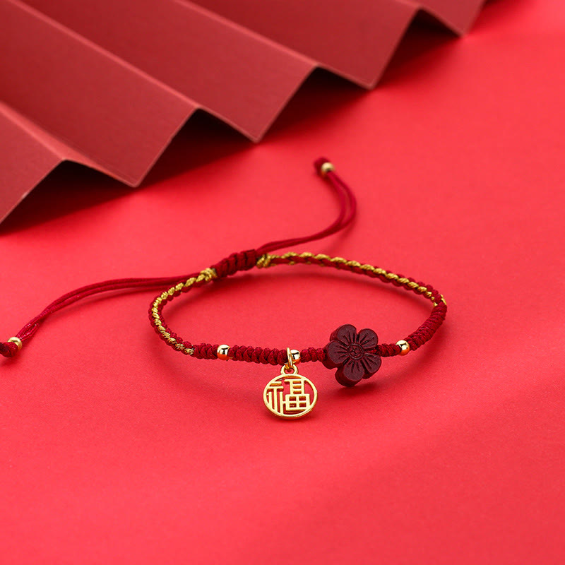 Cinnabar Flower Fu Character Blessing Braided String Bracelet