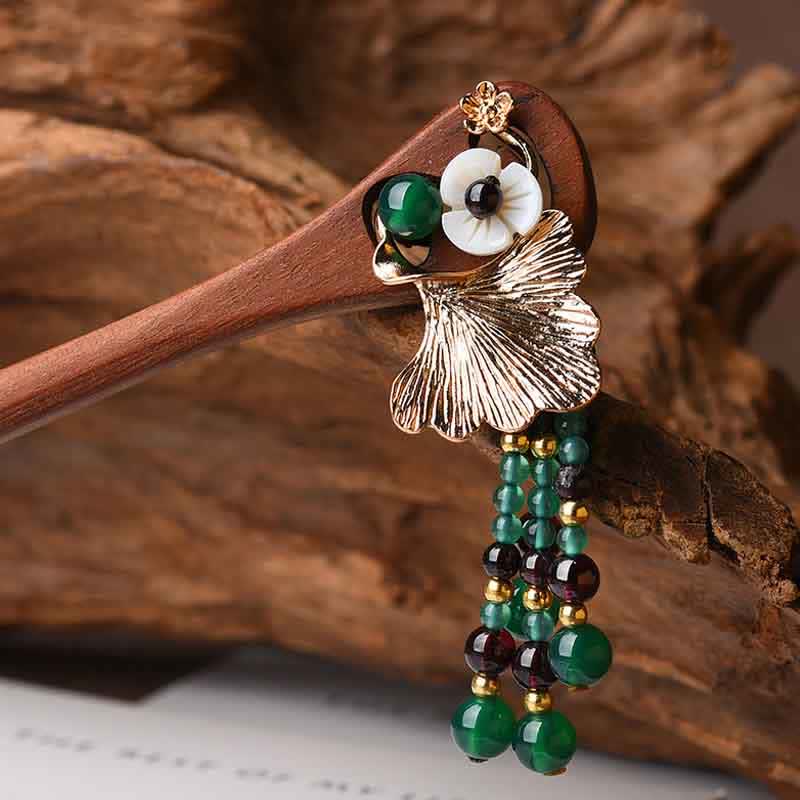 Red Sandalwood & Green Agate Hairpin: Feng Shui Lucky Hair Accessory with Ginkgo Leaf Charm