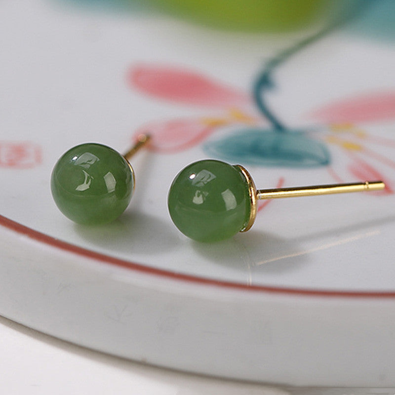 925 Sterling Silver Round Cyan Jade Healing Calm Stud Earrings