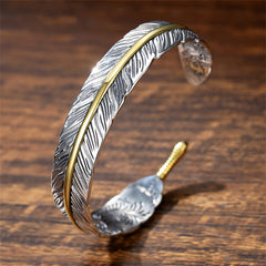 Feather Pattern Carved Luck Wealth Cuff Bracelet Bangle