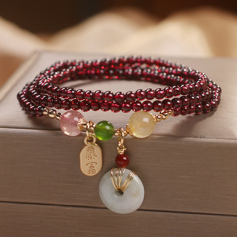 Natural Garnet Strawberry Quartz Crystal Fox Koi Fish Peace Buckle Fortune Protection Triple Wrap Bracelet