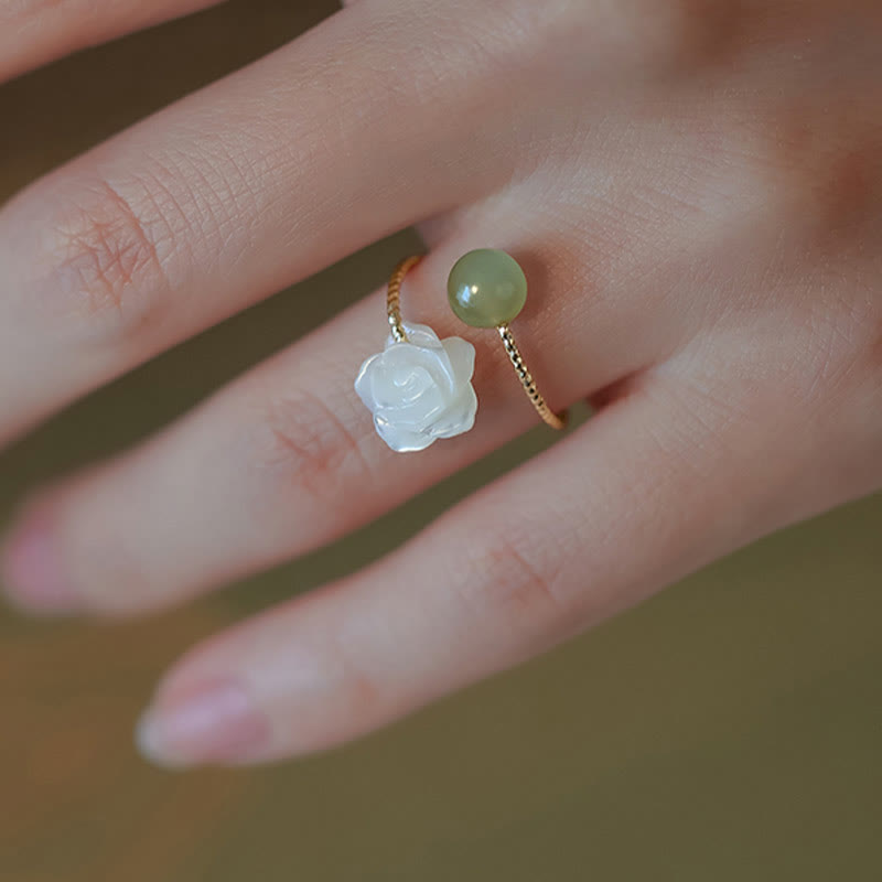 14K Gold Plated Tridacna Stone Rose Flower Jade Bead Blessing Ring