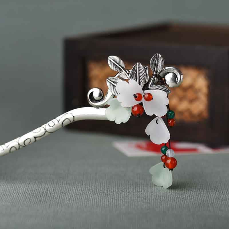 Red Agate & Jade Flower Hair Pin with Calming Tassel for Feng Shui, Women's Traditional Hair Accessories