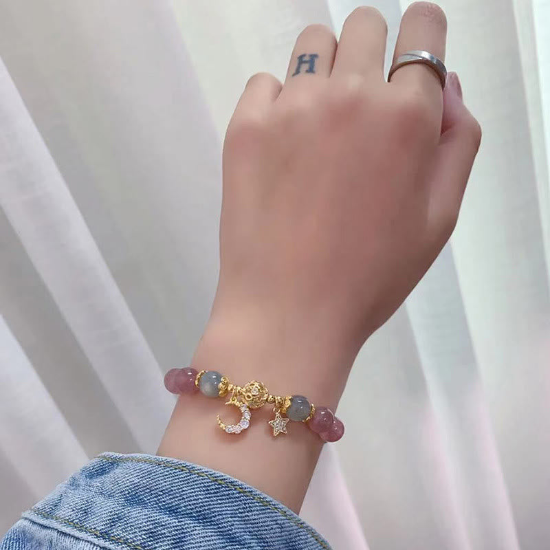 Strawberry Quartz Moonstone Moon Star Love Bracelet
