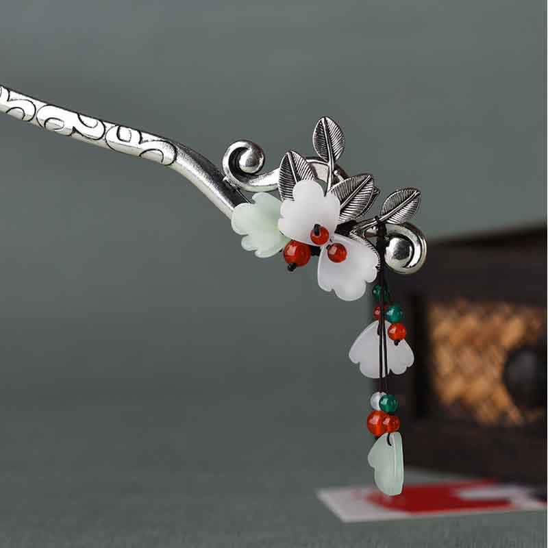 Red Agate & Jade Flower Hair Pin with Calming Tassel for Feng Shui, Women's Traditional Hair Accessories