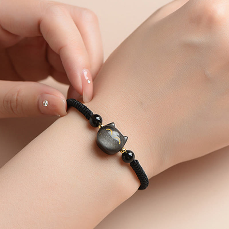 Handmade Natural Silver Sheen Obsidian Strawberry Quartz Cute Cat Protection Braided Bracelet