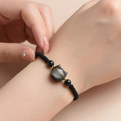 Handmade Natural Silver Sheen Obsidian Strawberry Quartz Cute Cat Protection Braided Bracelet