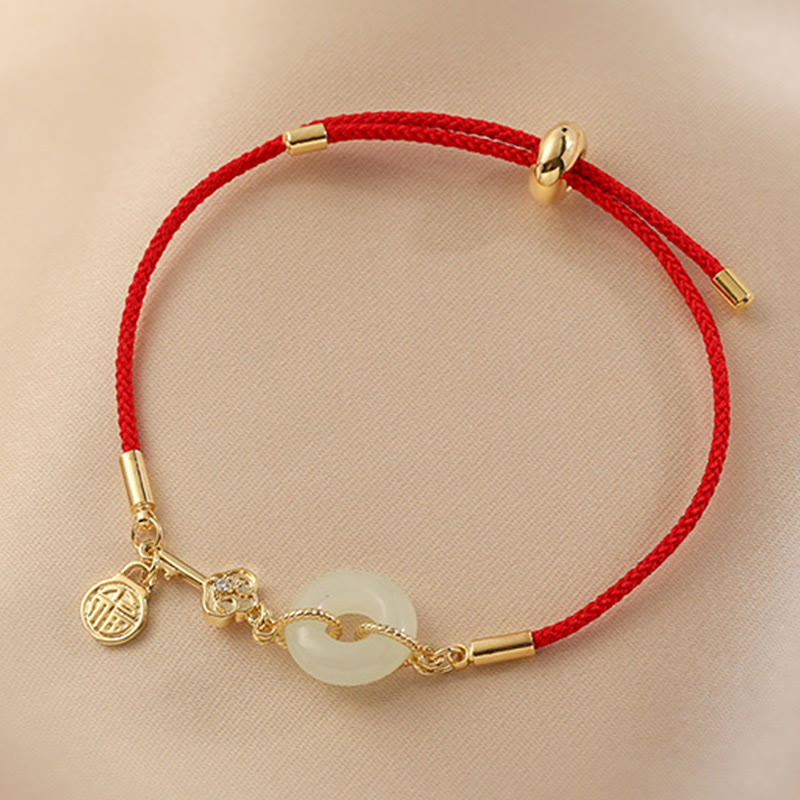 18K Gold Plated Hetian Jade Peace Buckle Fu Character Luck Red Rope Bracelet