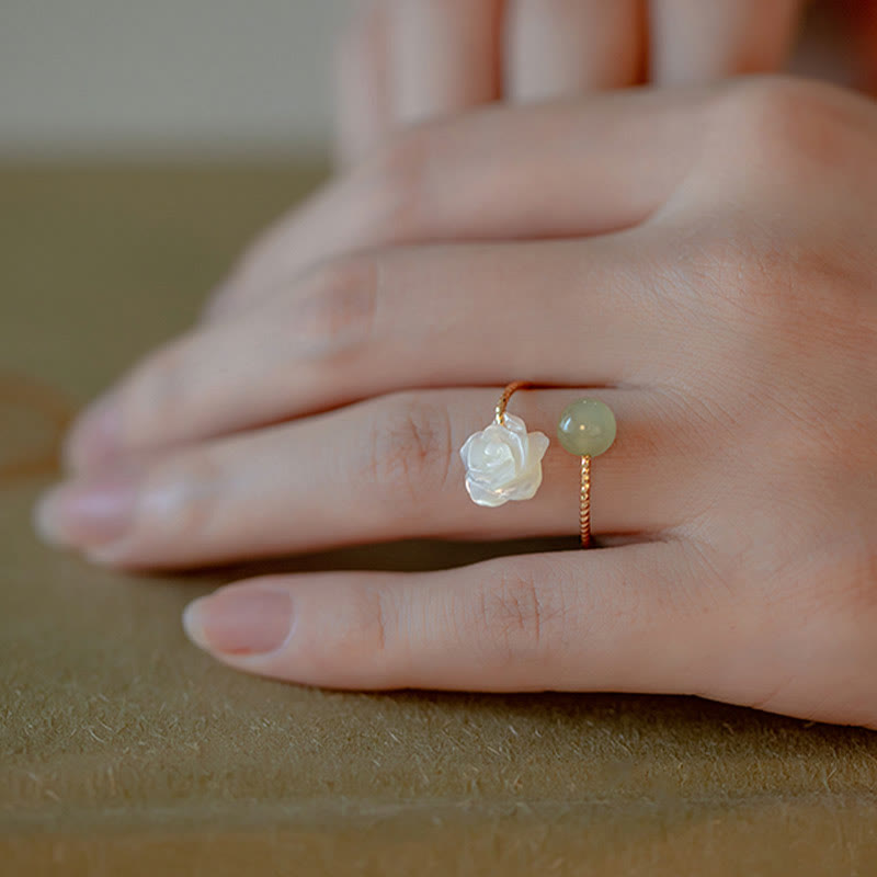 14K Gold Plated Tridacna Stone Rose Flower Jade Bead Blessing Ring