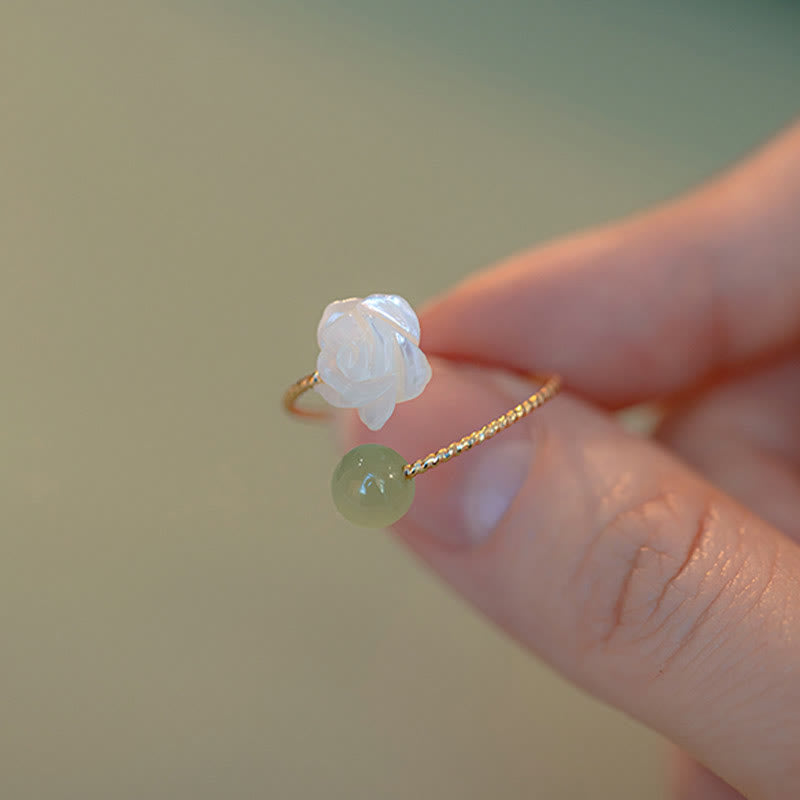 14K Gold Plated Tridacna Stone Rose Flower Jade Bead Blessing Ring