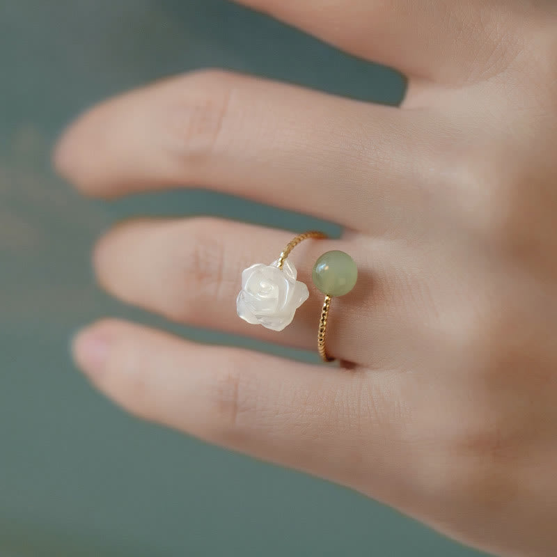 14K Gold Plated Tridacna Stone Rose Flower Jade Bead Blessing Ring