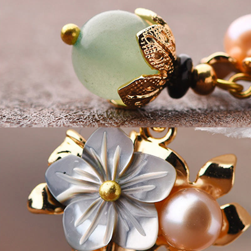 14K Gold Plated Tridacna Stone Flower Pearl Green Aventurine Bead Drop Earrings