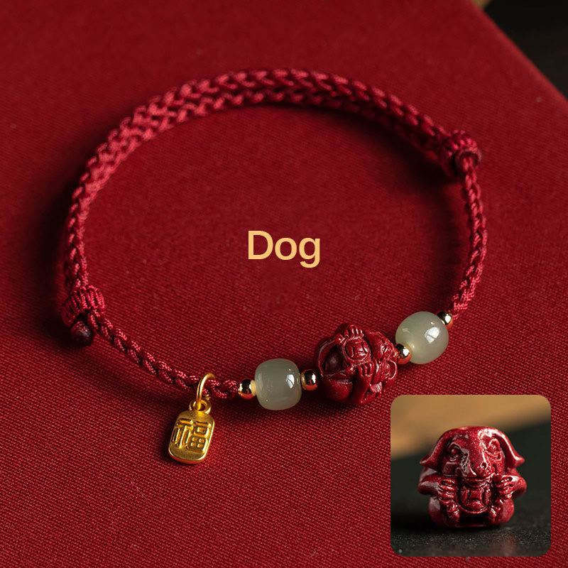 Natural Cinnabar Chinese Zodiac Hetian Jade Fu Character Luck Rope Bracelet
