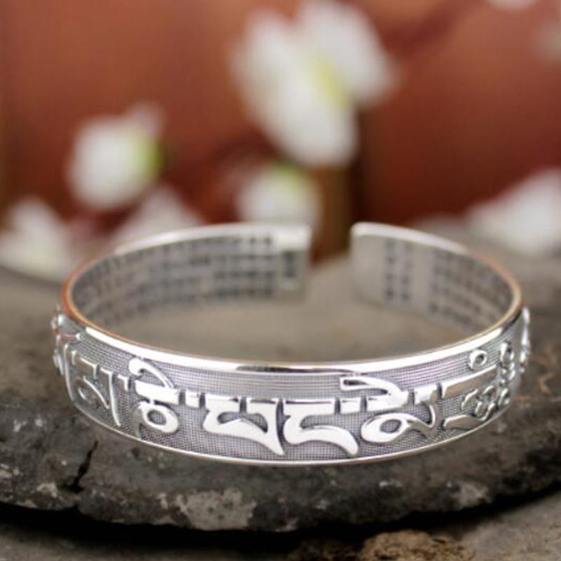 Tibetan Sanskrit White Copper Meditation Prayer Bracelet Bangle