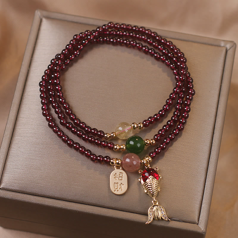 Natural Garnet Strawberry Quartz Crystal Fox Koi Fish Peace Buckle Fortune Protection Triple Wrap Bracelet