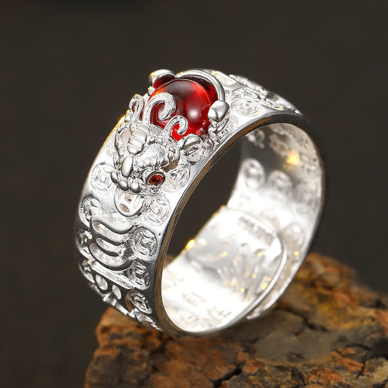 FengShui PiXiu Red Garnet Heart Sutra Wealth Ring