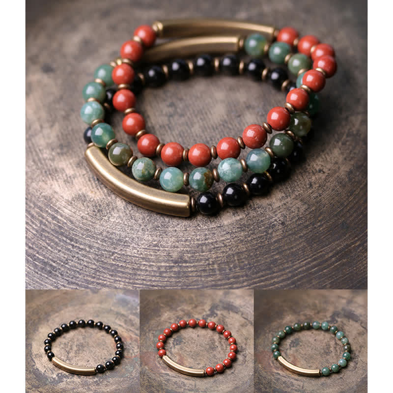 Red Jasper Moss Agate Black Obsidian Crystal Copper Peace Couple Bracelet
