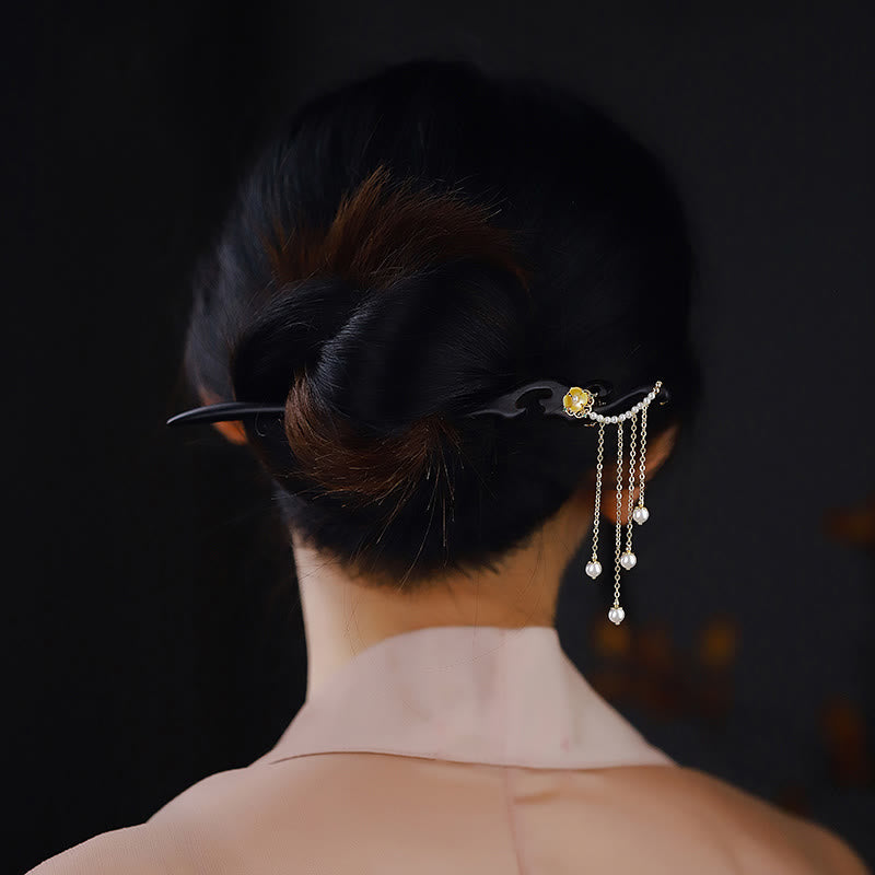 Ebony Wood Hairpin with Yellow Flowers & Pearl Tassels | Feng Shui Hair Accessory
