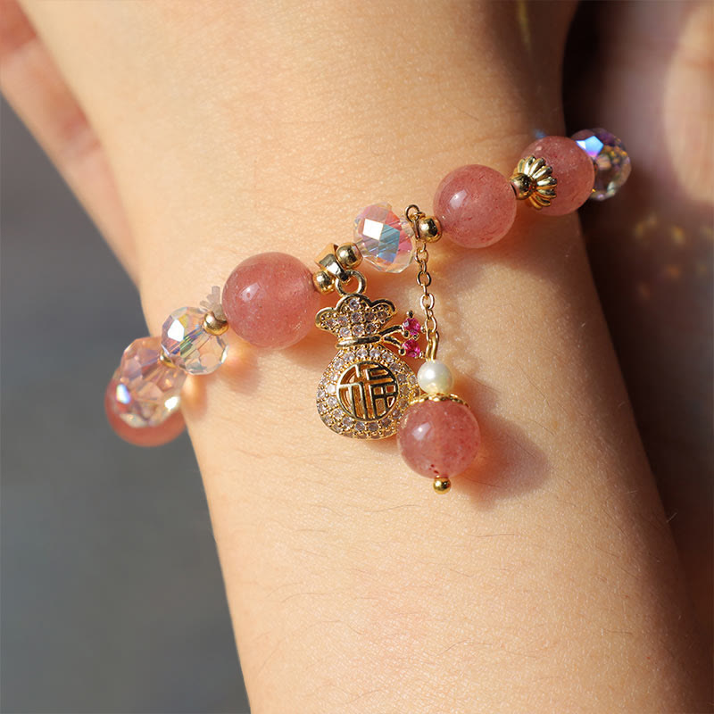 Natural Strawberry Quartz Crystal Money Bag Charm Positive Bracelet