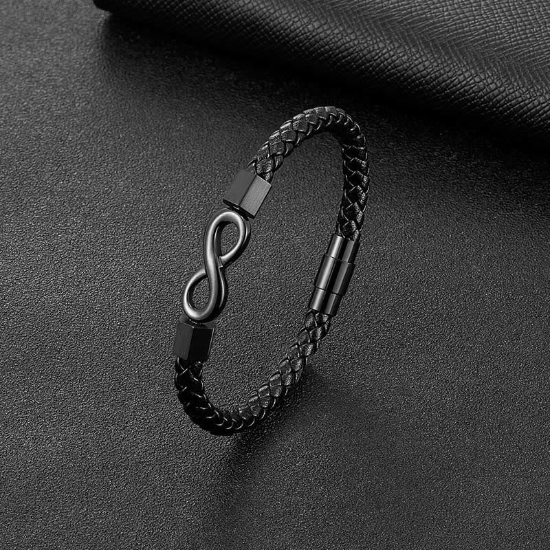 Mens Braided Black Leather Infinity Knot Bracelet