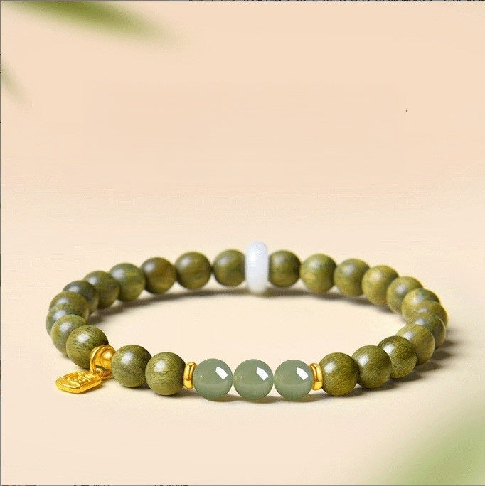 Natural Green 6mm Sandalwood Bracelet with Hetian Jade, Women's Wooden Bodhi Beads Sandalwood Scented