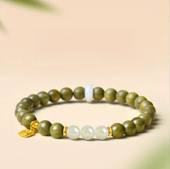 Natural Green 6mm Sandalwood Bracelet with Hetian Jade, Women's Wooden Bodhi Beads Sandalwood Scented