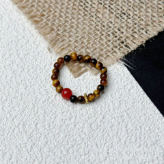 Handmade Tiger Eye Golden Rutilated Quartz & Smoky Quartz Tower Beaded Ring