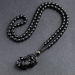 Obsidian Pixiu Pendant Feng Shui Necklace: Wealth Dragon, Protection Amulet, Natural Stone Talisman for Money Luck & Good Fortune, Handcrafted