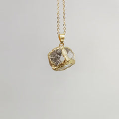 Shimmering Colorful Natural Gemstone Crystal Chips Gold Plated Brass Rim Pendant Necklace